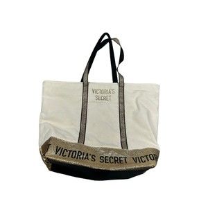 READ- Victoria's Secret Beige & Gold Glitter Large Zip Tote‎ Logo Bag